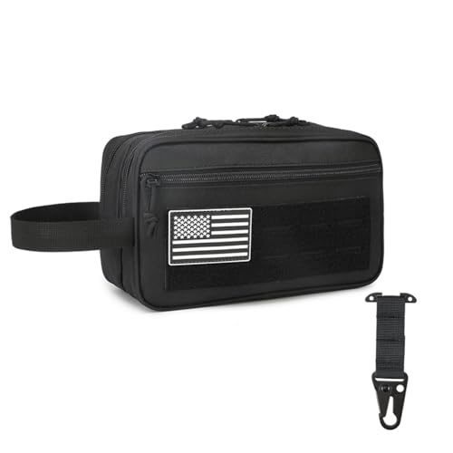 Taktische Kulturtasche für Herren - MOLLE Dopp Kit mit Trocken-/Nass-Trennung, großes Fassungsvermögen, wasserabweisende Reiserasiertasche mit US-Patch & T-Mount MOLLE-Clip (Schwarz) von Wapealy