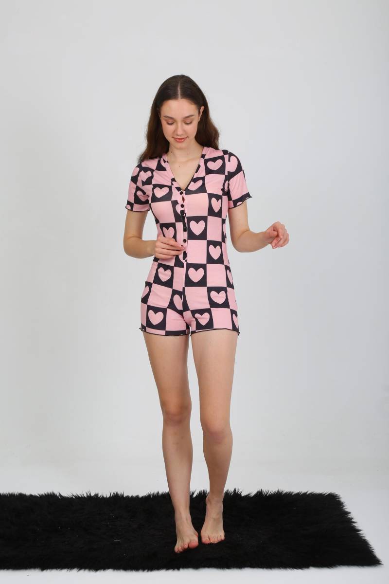 Rosa Herz Karierter Romper Frauen Button-Down Loungewear von WaquinCo