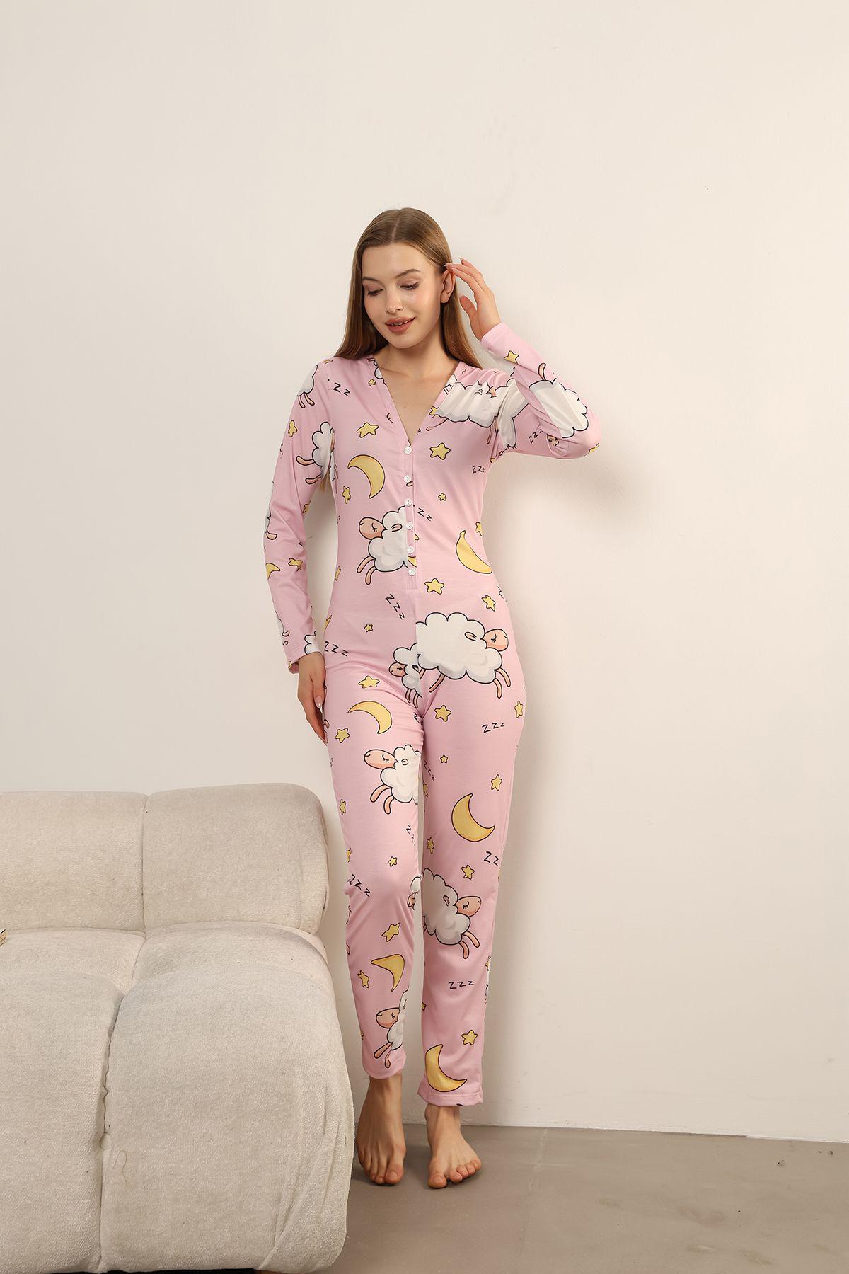 Rosa Strampler Mit Schaf-Print - Damen Langarm Baumwolle Pyjama-Jumpsuit | S-xxxl von WaquinCo