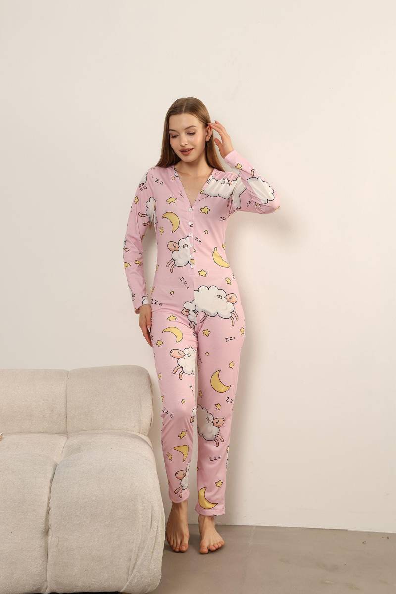 Rosa Strampler Mit Schaf-Print - Damen Langarm Baumwolle Pyjama-Jumpsuit | S-xxxl von WaquinCo