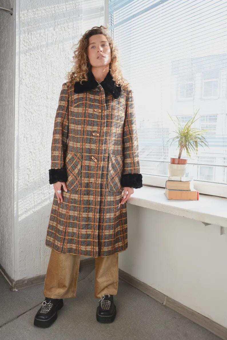 Vintage 60Er Jahre Multicolor Wolle Tweed Echtpelz Mantel von WardrobeQueenVINTAGE