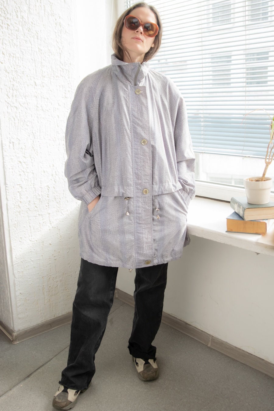 Vintage 80Er Gemusterter Parka-Mantel in Grau von WardrobeQueenVINTAGE