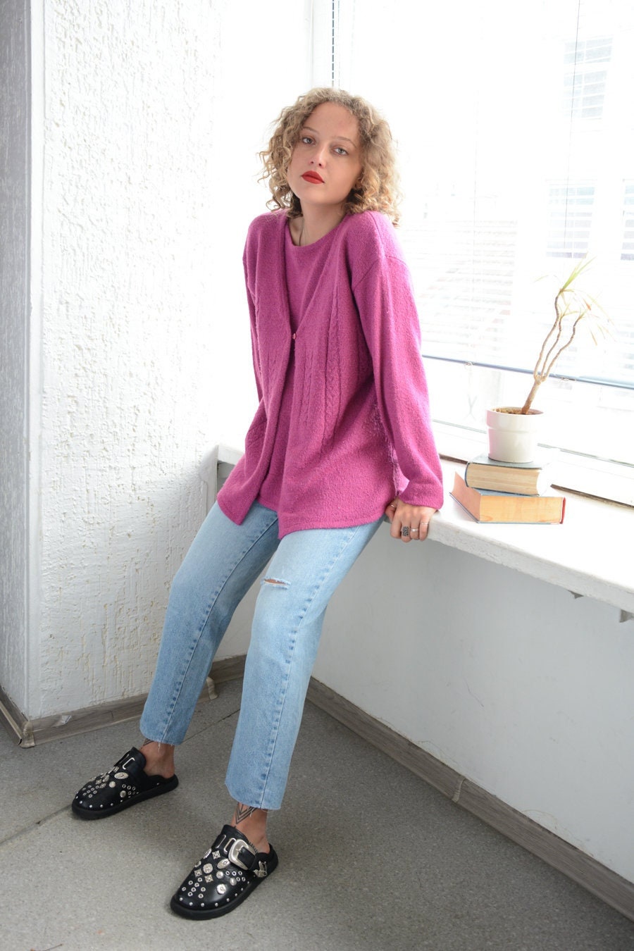 Vintage 80Er Hot Pink Doppelschicht-strickjacke von WardrobeQueenVINTAGE