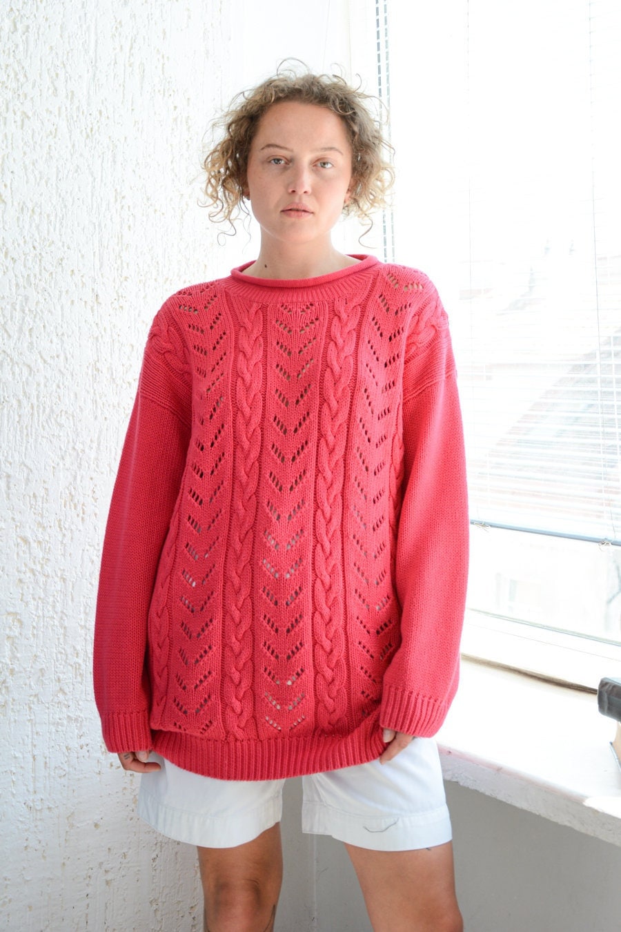 Vintage 80Er Jahre Rot/Rosa Baumwoll Pullover von WardrobeQueenVINTAGE