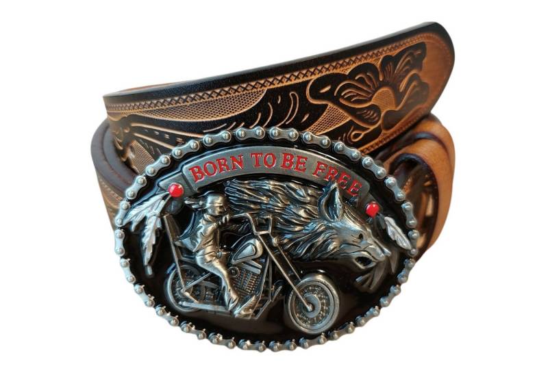Ware aus aller Welt Ledergürtel Bikergürtel Leder brauner geprägter Herren Gürtel mit Biker Bukle Aus hochwertigem, geprägtem Echtleder gefertigt – robust & langlebig von Ware aus aller Welt