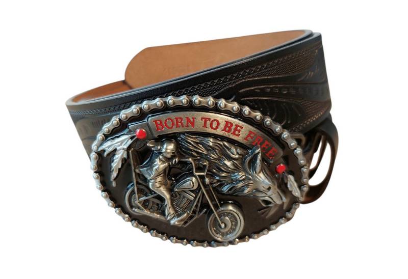 Ware aus aller Welt Ledergürtel Bikergürtel Leder schwarzer geprägter Herren Gürtel mit Biker Bukle Aus hochwertigem, geprägtem Echtleder gefertigt – robust & langlebig von Ware aus aller Welt