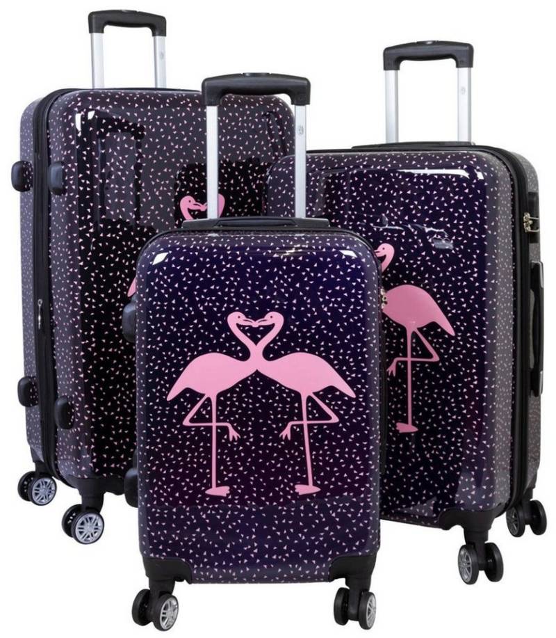 Warenhandel König Trolleyset Kissing Flamingos, 4 Rollen, (Gr. M, L und XL, 3 tlg., Hartschalen Trolley Set), mit Motiv, Dehnfalte zur Vergrößerung des Packvolumens von Warenhandel König