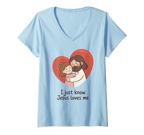 Damen Jesus Umarmung mit Kind Herz süße christliche Botschaft T-Shirt mit V-Ausschnitt Damen Jesus Umarmung mit Kind Herz süße christliche Botschaft T-Shirt mit V-Ausschnitt von Warm Faith Studio