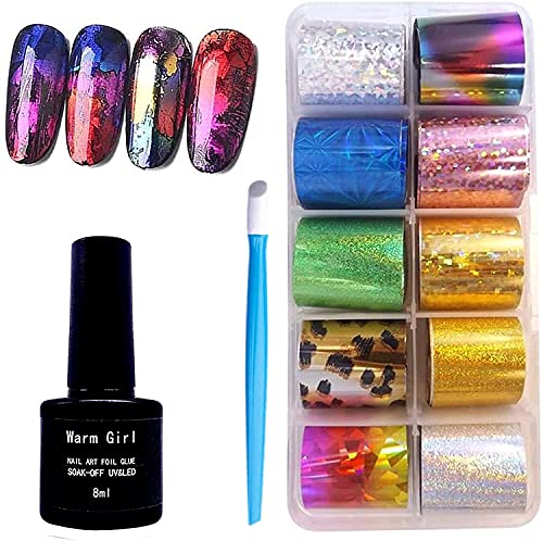 Warm Girl Nagelkunst-Folienklebergel mit Sternenhimmel- und Stern-Folien-Aufkleber-Set, Nagelübertragungsspitzen, Maniküre-Kunst, DIY, 8 ml, 10 Stück von Warm Girl