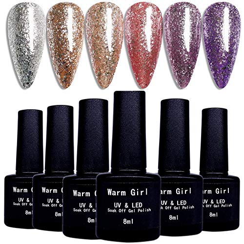 Warm Girl Semi-permanentes Nagellack-Set für UV-LED-Lampe - 6 Farben Glitzer für Gelnägel - Nagellack Maniküre und Pediküre - Shiny Star Range von Warm Girl