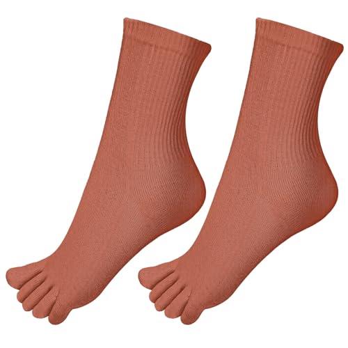 Warm-Han Zehensocken 97% Baumwolle Gr.35-39 Gerippter Schaft Zehenstrümpfe Fünf Finger Socken Damen Alltag Sport F909R Orangerot 2 Paare von Warm-Han