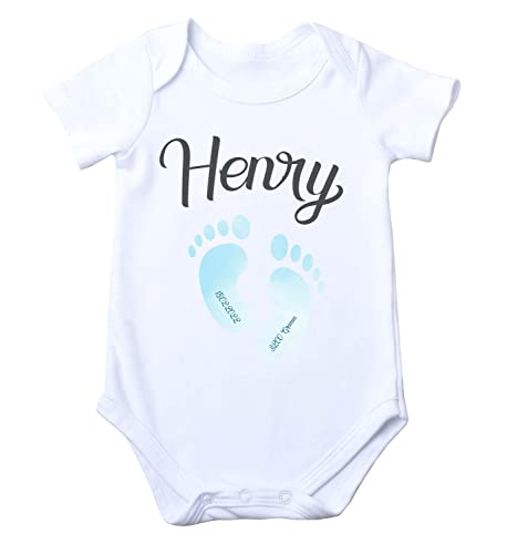 WarmherzIch kurzarm Baby Body personalisierbar mit Name und Fußabruck bedruckt Babybody für Jungen und Mädchen Geschenk Geburt Geburtsdatum, 3-6 von WarmherzIch