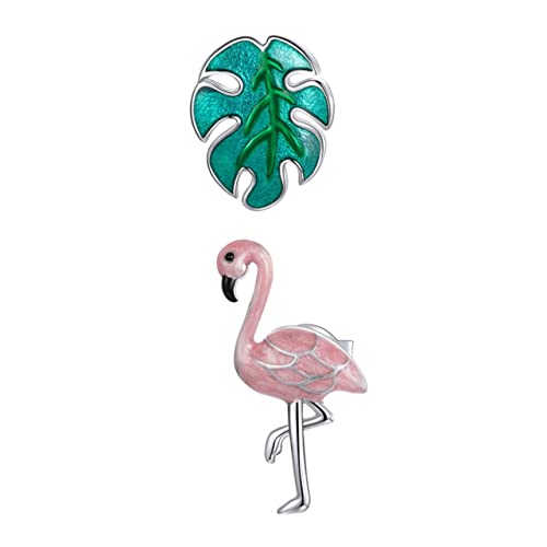 Warmhm Flamingo Blatt Ohrstecker 925 Sterling Silber Asymmetrische Mode Ohrstecker für Damen Kreatives Ohr Accessoire Leicht und Dekorativ für Partys und Abendkleidung von Warmhm