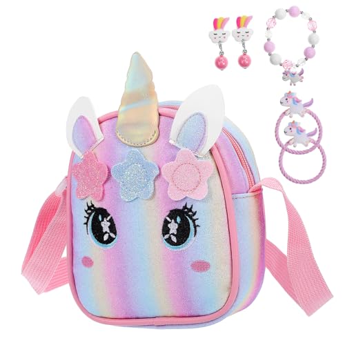 Warmhm 1 Satz Einhorn Umhängetasche Set mit Kinderarmband Kawaii Geldbörse mit Buntem Einhorn Praktischer Reißverschluss für Partys und Cartoon Schultertasche für Mädchen von Warmhm