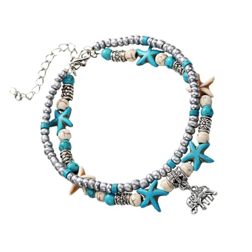 Warmhm 1 Stück Damen Fußkettchen mit Elefantenanhänger Doppel Layer Verstellbare Strand Fußdekoration Reisperlen und Sternenmaterial für Yoga und Sommeranlässe von Warmhm