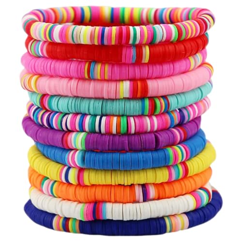 Warmhm 12 Stück Teiliges Bunte Polymer Clay Armbänder Damen Elastisch Flache Perlen Boho Stil Stapelbar Leicht Langlebig Vielseitig Tragbar für Handgelenk oder Knöchel Schmuckdekoration von Warmhm