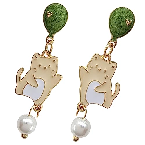 Warmhm Perlen Katzenohrringe Damen Modeschmuck Perlenohrringe Perlentropfenohrringe Katzenanhänger Ohrringe Geburtstagsohrringe Festivalohrringe von Warmhm
