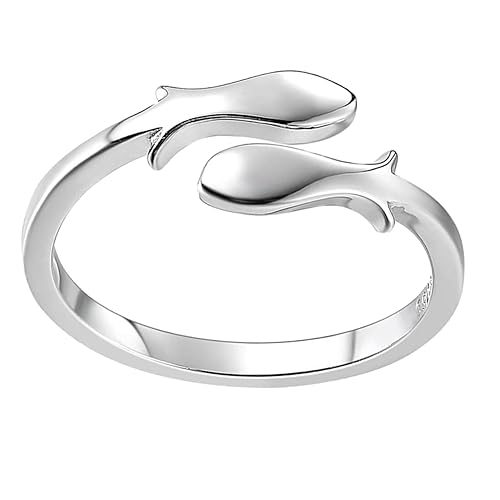 Warmhm 1Stück Stylischer Verstellbarer Ring mit Offenem Doppelter Fisch Ring Silber für Damen und Herren für Partys und Alltag von Warmhm
