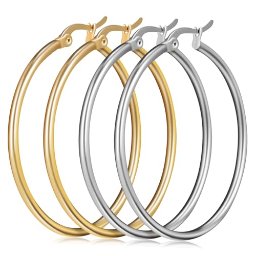 Warmhm 2 Paare Extravaganter Edelstahl Creolen Große Runde Statement Ohrringe in Gold und Silber Modische Circle Earrings für Damen Vielseitig Kombinierbar für Party und Alltag Warmhm 2 Paare Extravaganter Edelstahl Creolen Große Runde Statement Ohrringe in Gold und Silber Modische Circle Earrings für Damen Vielseitig Kombinierbar für Party und Alltag von Warmhm