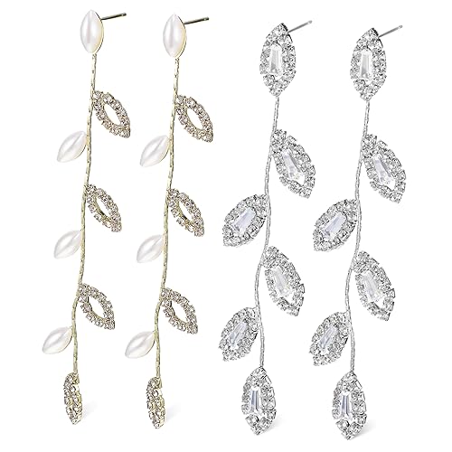 Warmhm 2 Paare Lange Ohrringe Design mit Funkelnden Strasssteinen und Perlen Lineare Quastenanhänger Hochzeitsschmuck für Braut und Festliche Anlässe von Warmhm