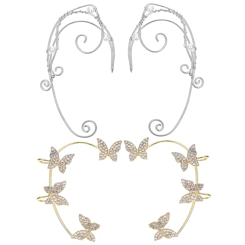 Warmhm 2 Paare Ohrclips Damen Ohrklemmen mit Goldfarbenem Schmetterling und Silberfarbenem Elfen Design Ear Cuff Ohrringe Piercing Funkelnde Strassverzierung für Party Hochzeit Alltag Warmhm 2 Paare Ohrclips Damen Ohrklemmen mit Goldfarbenem Schmetterling und Silberfarbenem Elfen Design Ear Cuff Ohrringe Piercing Funkelnde Strassverzierung für Party Hochzeit Alltag von Warmhm