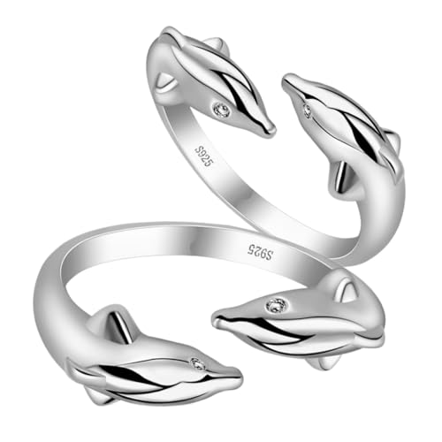 Warmhm 2 STÜCK Verstellbarer Doppel delfin Ring für Damen aus Kupfer mit Polierter Oberfläche Langlebig Hautfreundlich Modischer Offener Fingerring Vielseitiger Schmuck für Alltag und von Warmhm