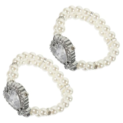 Warmhm 2 Stück Damenuhr mit Doppelreihe Elastischem Perlenarmband Herzförmigem Ziffernblatt Quarzwerk Modisch und Bequem Vielseitig Kombinierbar für Party Prom und Besondere von Warmhm