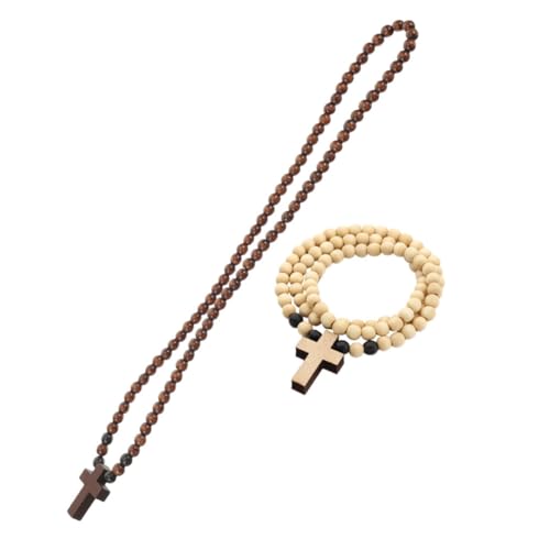 Warmhm 2 Stück Holzperlen Kette Herren mit Kreuz Anhänger und Brot Anhänger Handgefertigte Christliche Halskette Natürliche Holzoptik Modisches Accessoire für Männer und Frauen von Warmhm