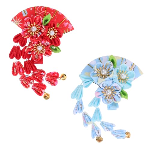 Warmhm 2 Stück Japanische Haarspange mit Floralem Design und Quaste Traditioneller Kimono Haarclip Leichtes Handgefertigtes Haarschmuck Rot Himmelblau für Frauen Passend zu Geisha und von Warmhm