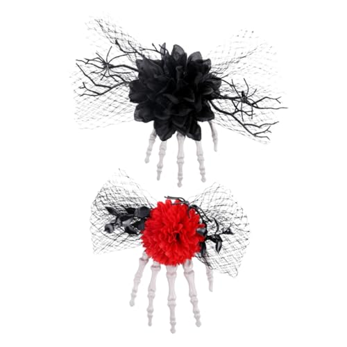 Warmhm 2 Stück Teiliges Halloween Haarklammern mit Skelett Hand Rosenblüte und Schleife Gotische Haarspangen für Damen für Cosplay Halloween und Themenpartys Einzigartiges Partyaccessoire von Warmhm