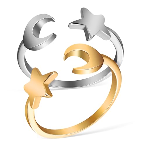 Warmhm 2 Stück Verstellbare Mond Stern Ringe Damen Alloy Rings Offene Halbgeschlossene Fingerringe Schmuck Modeaccessoire Elegant Hautfreundlich von Warmhm