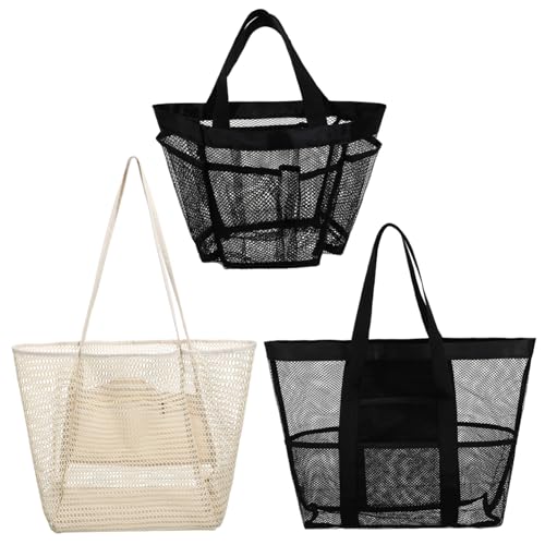 Warmhm 3 Stück Große Strandtasche Teiliges Mesh Netz mit Innentasche Leichte Nylon Badetasche für Damen und Herren Robust Geräumig für Strand Pool und Urlaub von Warmhm