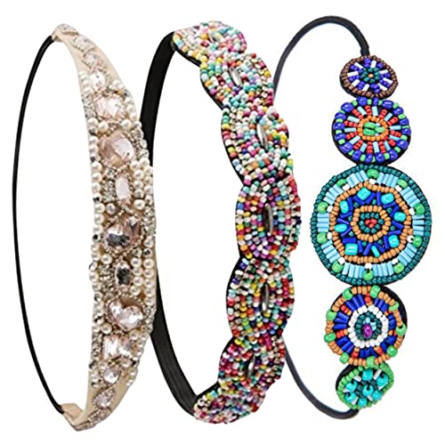 Warmhm 3 Stück Teiliges Elastisches Haarband für Damen Beaded Haarschmuck für Hochzeiten Partys und Festivals Haaraccessoires mit Bunten Perlen und Glitzer für Einen Auffälligen Look von Warmhm