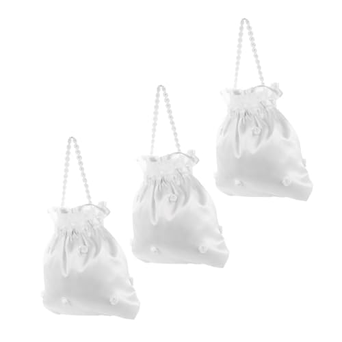 Warmhm 3 Stück Teiliges Satin Brauttaschen Weiß Stilvolle Blumen-designs Robuste Kordelzug Handtaschen für Braut und Brautjungfern Stilvolle Geldbörsen für Hochzeitskarten und Umschläge von Warmhm