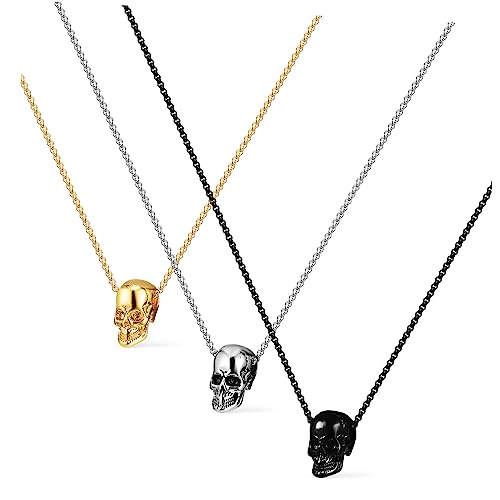 Warmhm 3 Stück Teiliges Skull Pendant Halskette für Herren und Teens Goth Anhänger in Silber Gold Schwarz Rostfrei Modisch für Halloween Party Cosplay Vielseitig Kombinierbar von Warmhm