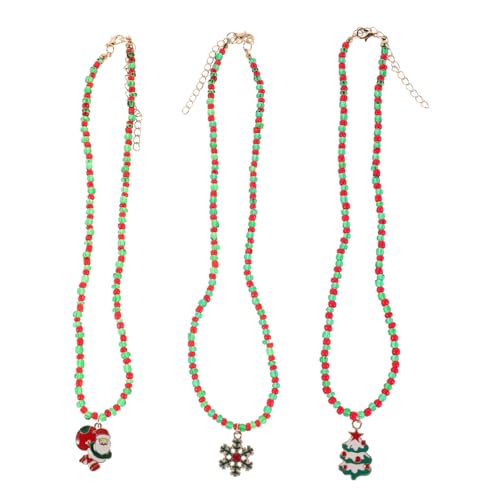 Warmhm 3 Stück Weihnachtskette mit Perlen Santa Claus Weihnachtsbaum und Schneeflocken Anhänger Rot-grüner Beaded Choker Festlicher Schmuck für Damen und Mädchen Winter-party Zubehör von Warmhm
