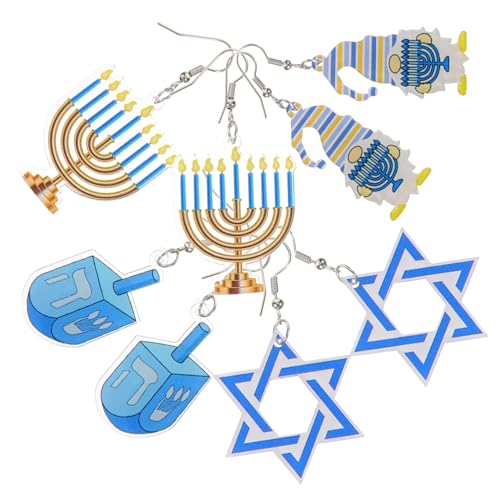 Warmhm 4 Paare Hängende Ohrringe für Frauen Dekorative Hanukkah Ohrringe mit Kerzen und Stern Design für Festliche Anlässe Perfektes und Modisches Accessoire von Warmhm