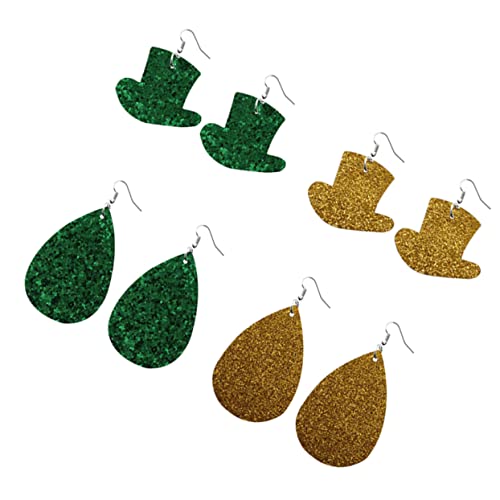 Warmhm 4 Paare Lederohrringe Patrick's Day Wasserfall und Hutförmige Tropfenohrringe Damen Ohrschmuck Langlebiges Material Einfaches Ausziehen Geschenkidee von Warmhm