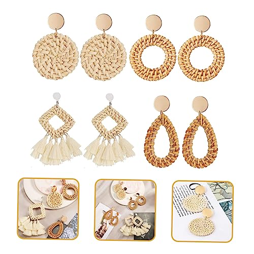 Warmhm 4 Paare Rattan Ohrringe Damen Ohrschmuck Handgefertigt Leichte Hängende Ohrstecker für Alltag Party von Warmhm