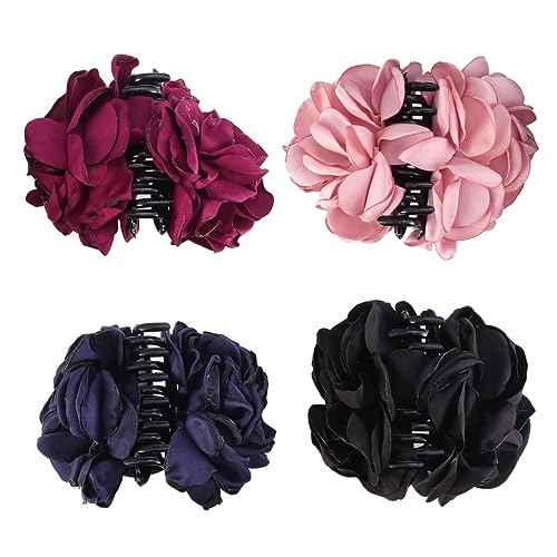 Warmhm 4stücke Klammer Haare Groß Mit Blumen Stoff Haarspange Für Frauen Kieferspange Blume Haarklammer Für Damen Hochzeit Party Festivals Weinrot Schwarz Marineblau von Warmhm