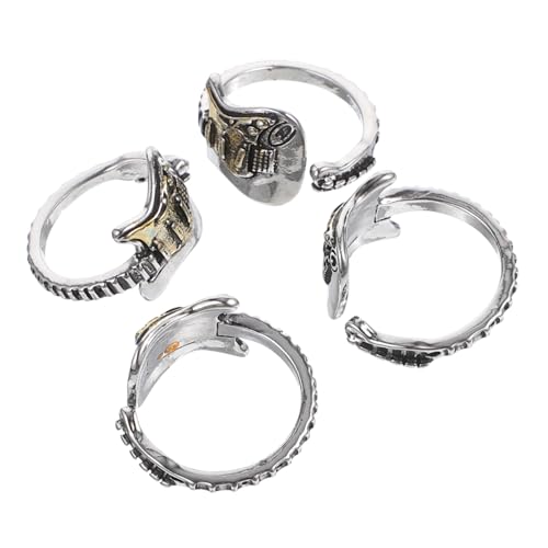Warmhm 4 Stück Herren Gitarrenringe aus Zinklegierung Verstellbare Offene Bänder Punk Gothic Statement Schmuck für Musikliebhaber Retro Rock Stil Stilvolle Männer Ringe von Warmhm