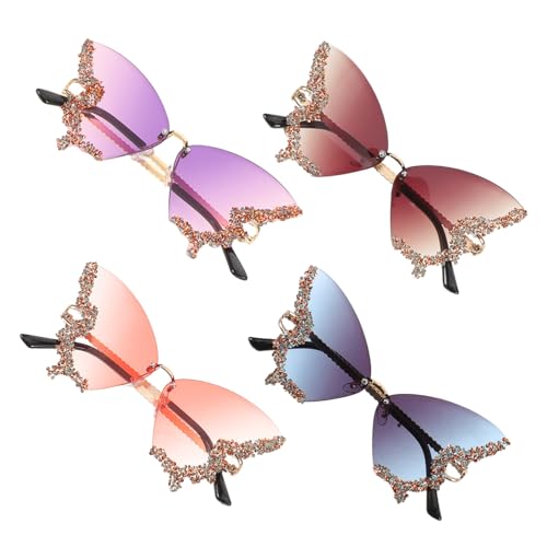 Warmhm 4 Stück Teiliges Vintage Schmetterling Sonnenbrillen für Damen mit Rahmenlosem Design und Funkelnden Strasssteinen Leichter Uv-schutz Modisch für Strandpartys Festivals und Alltag von Warmhm