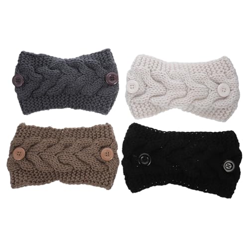 Warmhm 4 Stück Teiliges Winter stirnband mit Knopf Gestrickt Warme Ohrenwärmer und Flechtmuster Elastische Haarbänder für Damen Weiche Hautfreundliche Winter wraps in Schwarz Beige Khaki von Warmhm