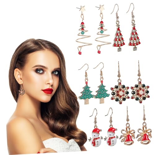 Warmhm 6 Paare Weihnachts Ohrringe Damen Festliche Baumeln mit Weihnachtsbaum Glocken Schneemann und Schneeflocken Elegante Dangle Ohrringe für Weihnachtszeit von Warmhm