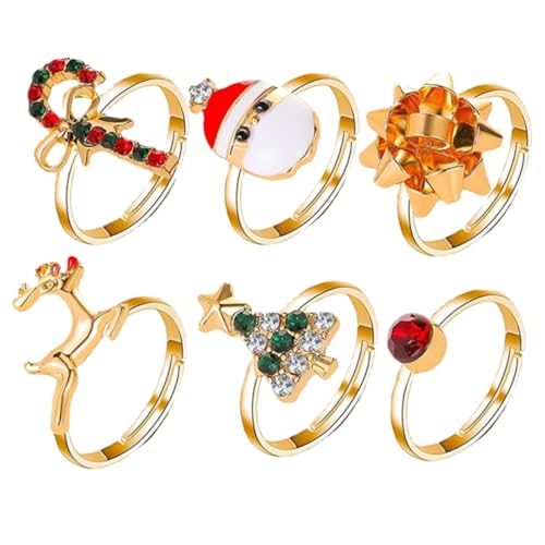 Warmhm 6 Stück Teiliges Verstellbares Weihnachts Finger Schmuckset mit Niedlichen Cartoon Ringen Robustes Material Komfortabel für Weihnachtsfeiern Karneval Hochzeiten Festliche Party von Warmhm