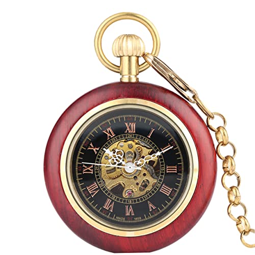 Warmhm Antike Mechanische Taschenuhr mit Römischen Ziffern Rotes Kupfergehäuse Holzmaserung Kettenuhr für Damen und Herren Dekorative Vintage Uhr für Alltag und Festlichkeiten von Warmhm