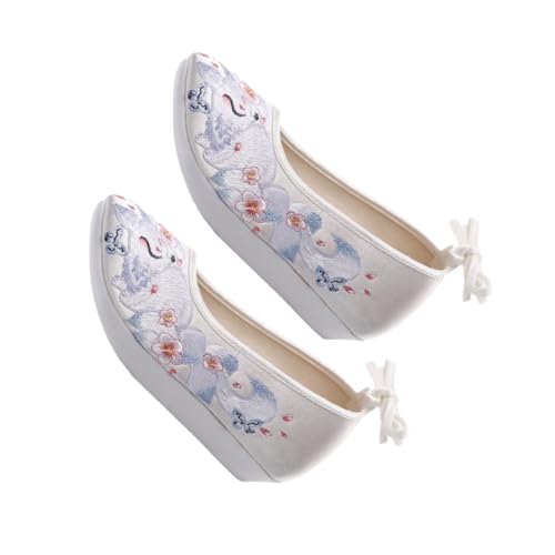 Warmhm Bestickte Chinesische Retro Stoffschuhe Damen Weiß Plateau Innenkeil Absatz rutschfest Komfortabel Antiskid für Hanfu Stil Alltag von Warmhm