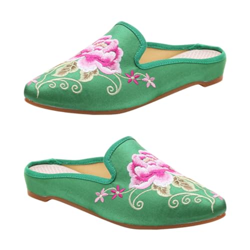 Warmhm Bestickte Damen Hausschuhe Ethno stil Leicht Angenehm Tpr sohle Spitzenzehen Slippers Grün Indoor Outdoor Freizeit von Warmhm