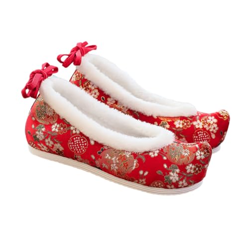Warmhm Bestickte Hanfu Schuhe Damen Flache Atmungsaktive Leichte Stoffschuhe mit Verstecktem Absatz Traditioneller Chinesischer Stil Komfortabel Rote Baumwollschuhe von Warmhm