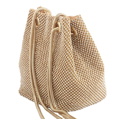 Warmhm Bucket Bag Damen Handtasche aus Polyester mit Funkelnden Strasssteinen Modische Schultertasche für Abendveranstaltungen Stilvoller Begleiter für Frauen und Mädchen Goldfarben von Warmhm